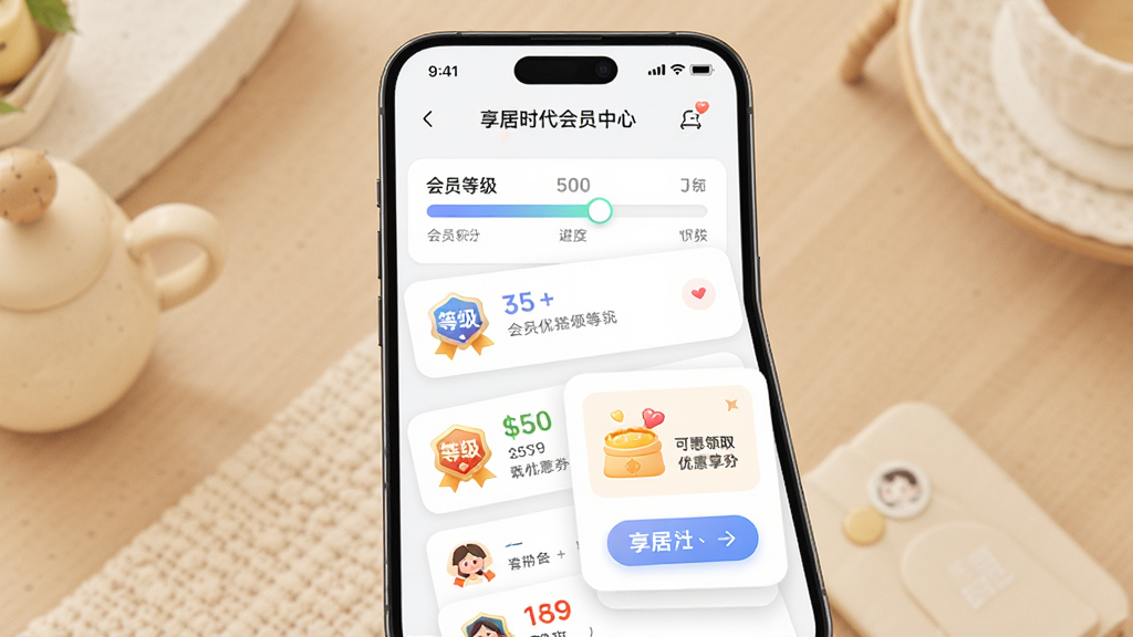 享居时代会员中心页面,主体为手机屏幕展示会员等级进度条和优惠券列表,布局为卡片式堆叠,排版层次分明,风格柔和圆角设计,细节包括积分数字、等级徽章、可领取优惠券按钮,画质高清干净无多余元素
