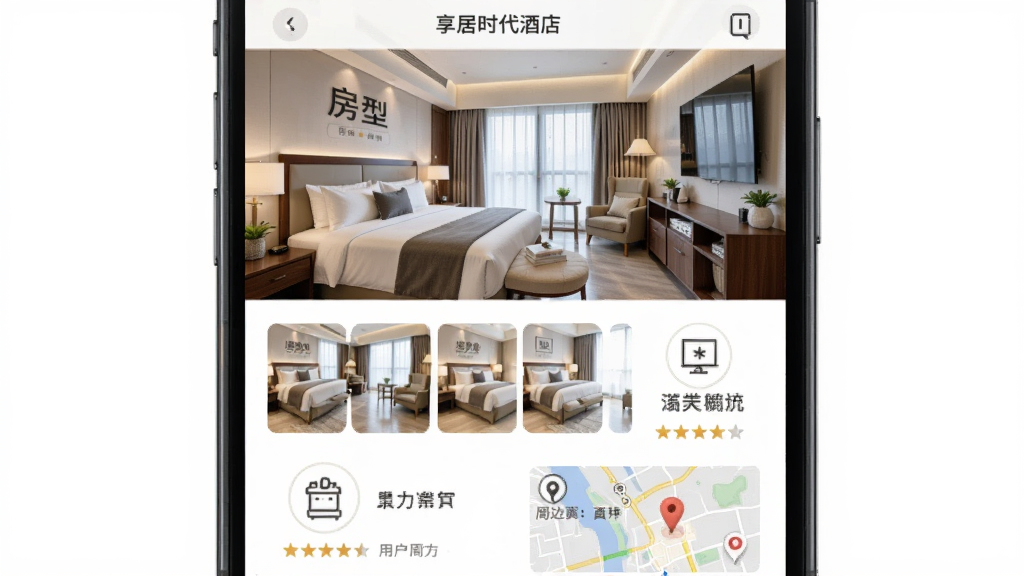 享居时代酒店详情页,主体为手机屏幕呈现酒店实拍图集和设施图标,布局为顶部大图加下方信息模块,排版图文交错,风格明亮写实,细节包括房型标签、用户评分星级、周边地图入口,画质清晰干净无多余元素