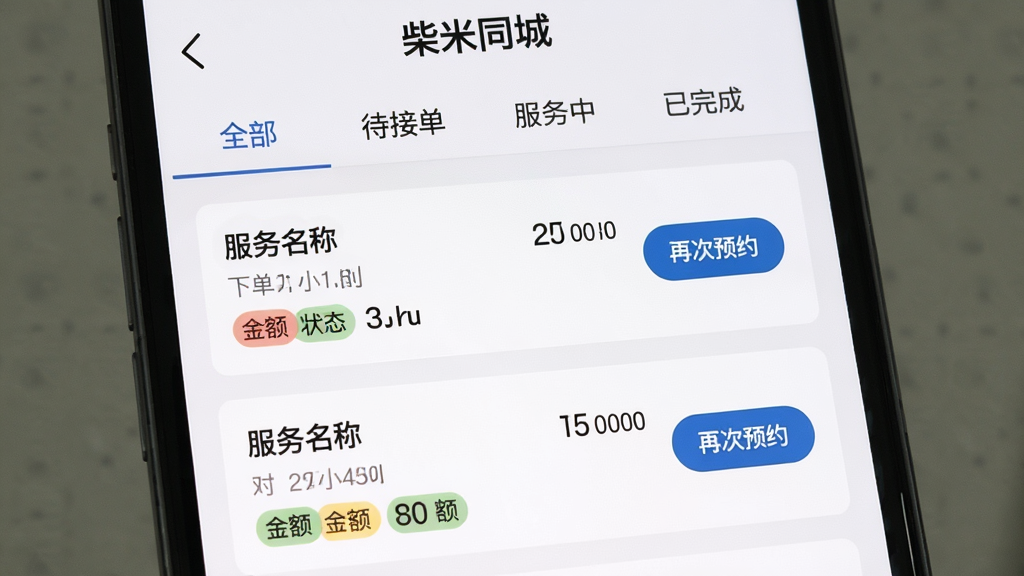 手机屏幕展示“柴米同城”订单列表页面,顶部标签分为全部、待接单、服务中、已完成,每条订单卡片显示服务名称、下单时间、金额与状态标签,右侧有“再次预约”按钮,界面采用卡片式布局,浅灰色背景,白色卡片,文字层级分明,画质清晰。