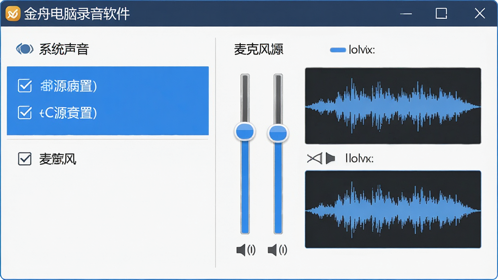 金舟电脑录音软件多源录制功能示意图,主体为软件声源设置面板,布局为左右分栏,左侧列出系统声音和麦克风选项,右侧显示音量滑块和波形预览,排版整齐清晰,风格为扁平化商务风,细节包括勾选框、蓝色高亮状态、音量条、文字标注“金舟电脑录音软件”,画质为高清2K,干净无多余元素