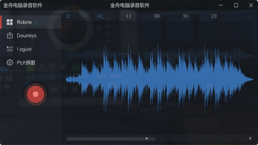 软件界面全景展示,主体为金舟电脑录音软件主窗口,布局采用左侧功能菜单加右侧波形显示区,排版居中对称,风格为现代简约科技风,细节包括红色圆形录音按钮、蓝色音频波形、深色半透明背景、顶部标题栏写着“金舟电脑录音软件”,画质为高清2K,干净无多余元素