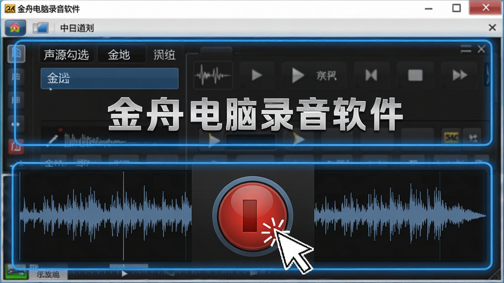 金舟电脑录音软件操作步骤示意图,主体为软件主界面与录音按钮特写,布局为上下结构,上方展示声源勾选面板,下方展示红色录音按钮与波形,排版清晰,风格为写实科技风,细节包括鼠标指针点击动作、蓝色高亮边框、文字标注“金舟电脑录音软件”,画质为高清2K,干净无多余元素