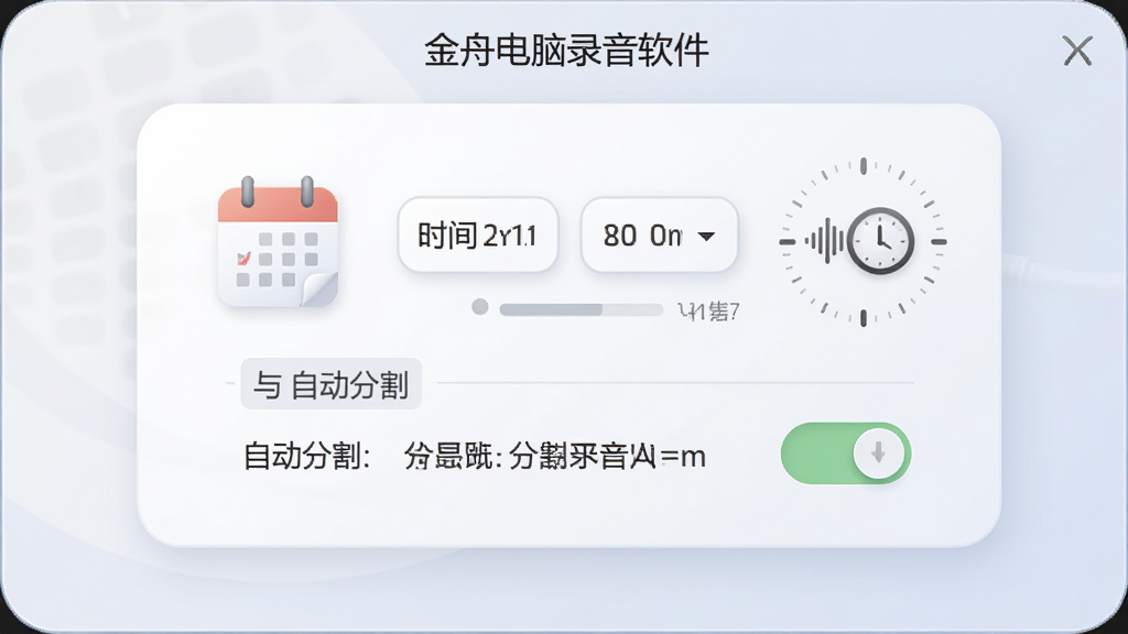 金舟电脑录音软件定时录制设置面板,主体为时间选择器与自动分割选项,布局为居中卡片式,排版规整,风格为柔和圆角风,细节包括日历图标、时钟刻度、开关按钮、文字标注“金舟电脑录音软件”,画质为高清2K,干净无多余元素