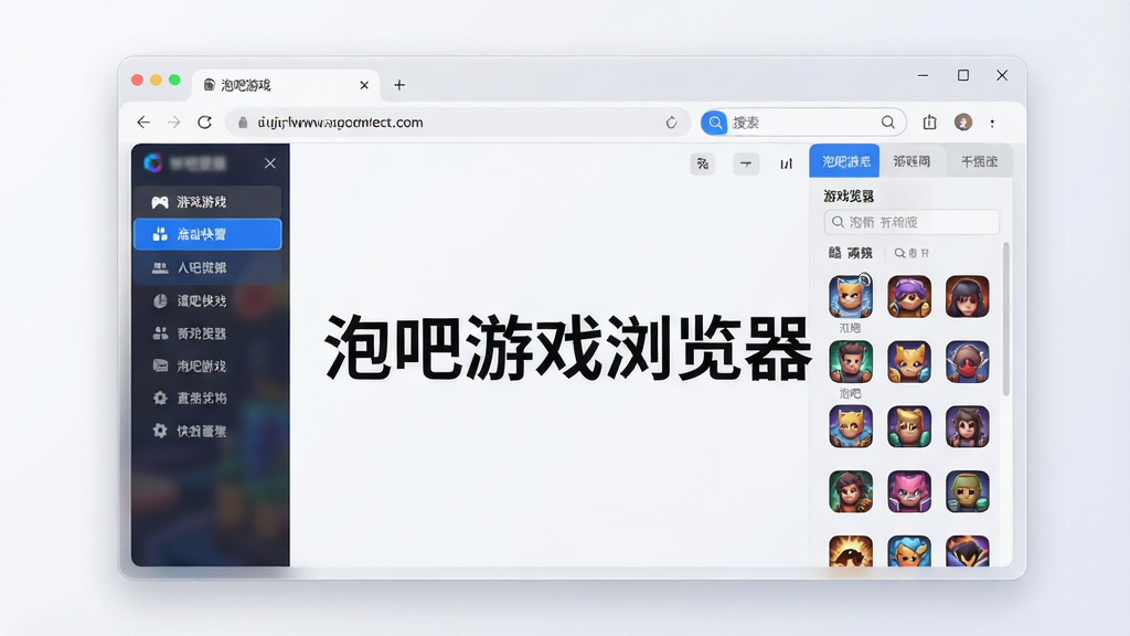 泡吧游戏浏览器软件界面全景展示,主体为浏览器主窗口位于画面中央,左侧为游戏快捷导航栏,右侧为多标签页管理区域,顶部地址栏与搜索框清晰可见,布局采用居中对称排版,风格为现代简约科技风,细节包括半透明磨砂质感边框、蓝色高亮选中标签、游戏图标网格排列,画质为高清2K,干净明亮无多余元素,画面中标注文字“泡吧游戏浏览器”