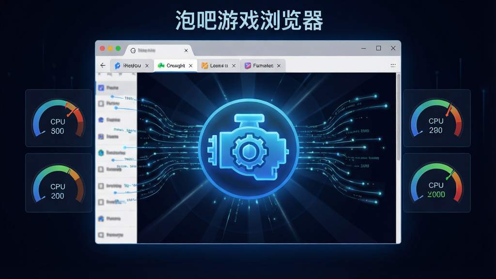 泡吧游戏浏览器加速引擎概念图,主体为浏览器窗口中央悬浮一个发光的蓝色引擎图标,布局采用中心放射状排版,风格为科幻光效风,细节包括数据流线条从引擎向四周标签页延伸、CPU与内存占用仪表盘显示在侧边、背景为深色渐变,画质为高清4K,干净利落无杂乱元素,画面中标注文字“泡吧游戏浏览器”
