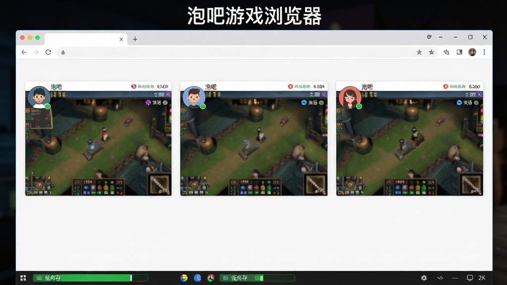 泡吧游戏浏览器多账号管理界面,主体为浏览器分屏展示三个独立游戏窗口,布局采用三列并排排版,风格为扁平化清爽风,细节包括每个窗口左上角显示不同账号头像、右上角显示独立会话标识、底部任务栏显示低内存占用绿条,画质为高清2K,干净整洁无多余装饰,画面中标注文字“泡吧游戏浏览器”