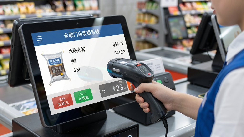 永联门店收银系统快速结算界面展示,画面主体为收银员手持扫码枪扫描商品条码,屏幕同步弹出商品名称与价格,背景为超市收银通道,风格为写实科技风,细节包括屏幕上的“永联门店收银系统”标志、支付方式图标和找零计算区域,画质高清,干净,无多余元素