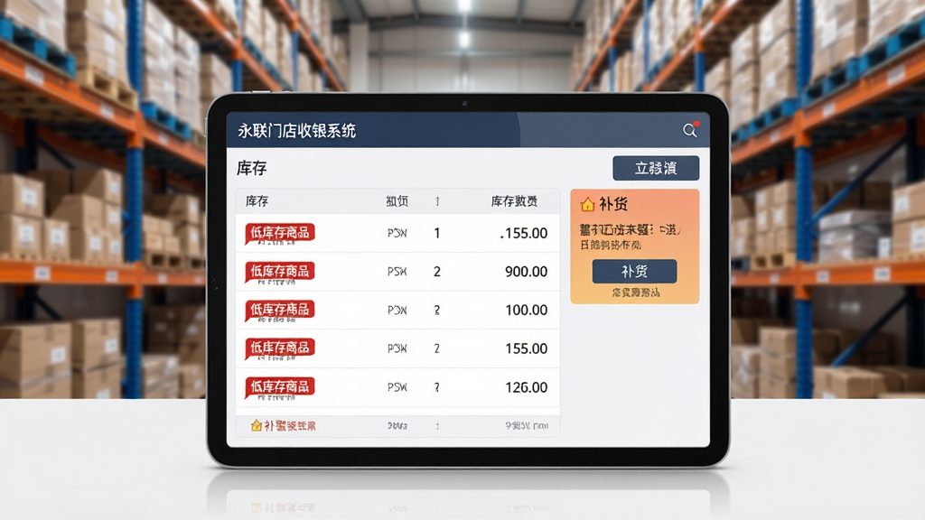 永联门店收银系统库存管理模块界面,画面中心为平板电脑显示库存列表与预警提示,红色标签标注低库存商品,背景为仓库货架,风格为简洁商务风,细节包括屏幕上的“永联门店收银系统”标题栏、库存数量数字和补货按钮,画质清晰,干净,无多余元素