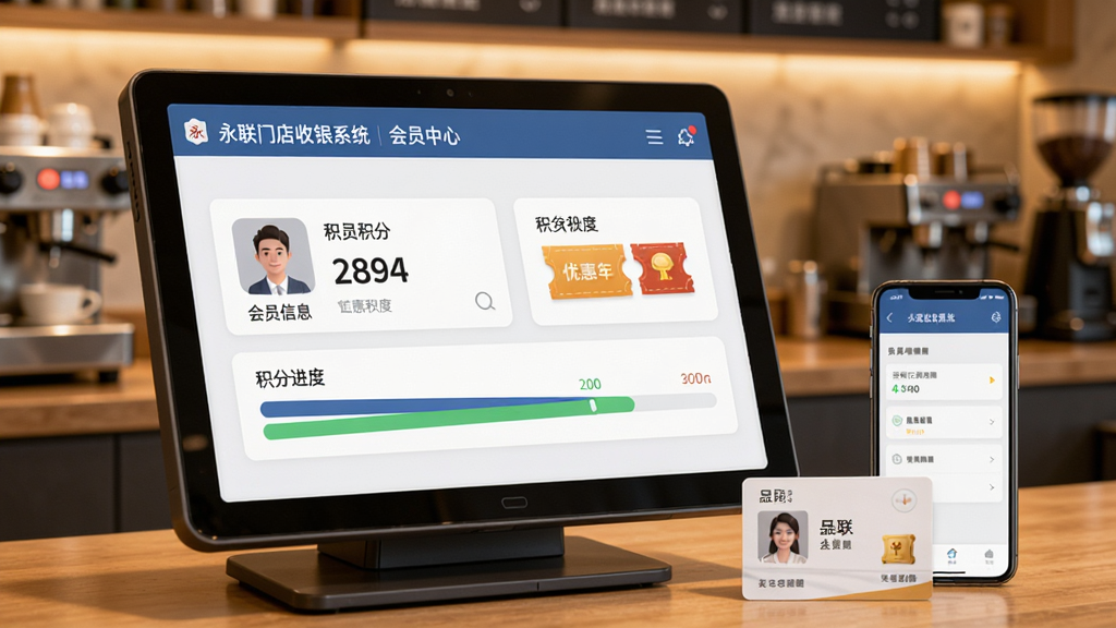 永联门店收银系统会员管理界面,画面展示收银机屏幕上会员信息卡片与积分进度条,旁边有会员卡和手机,背景为咖啡店柜台,风格为温暖商业风,细节包括屏幕上的“永联门店收银系统”会员中心字样、积分数字和优惠券图标,画质高清,干净,无多余元素