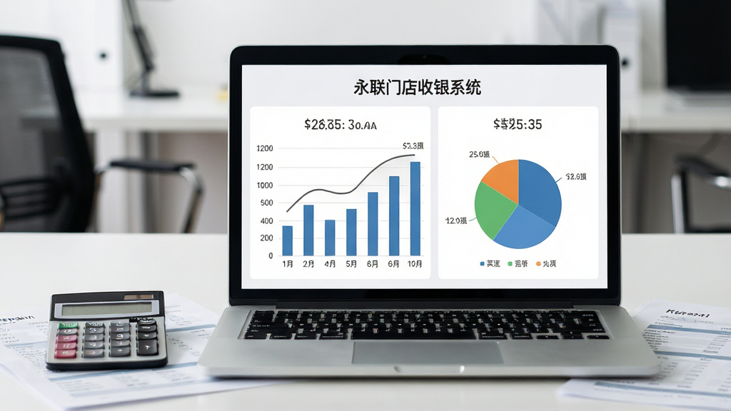 永联门店收银系统数据报表界面,画面为笔记本电脑屏幕显示柱状图与饼图,数据标签清晰,旁边有计算器和报表纸张,背景为办公室桌面,风格为简约商务风,细节包括屏幕上的“永联门店收银系统”报表中心标题、营业额数字和趋势曲线,画质清晰,干净,无多余元素