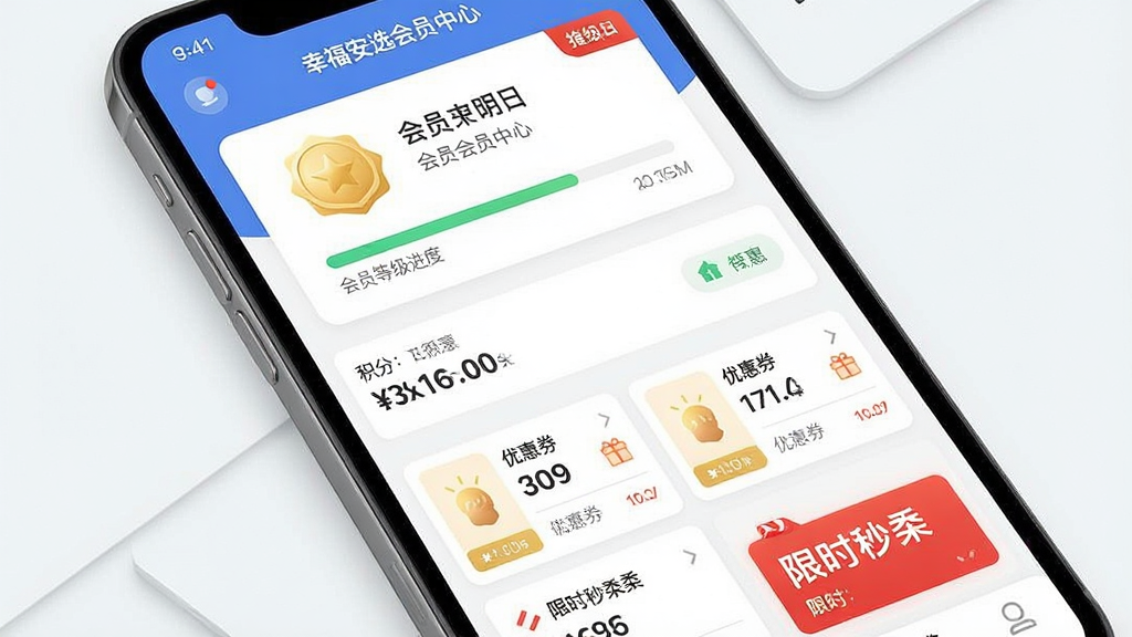 一张展示幸福安选会员中心与优惠活动的界面图。主体是手机屏幕特写,屏幕内显示会员等级进度条、积分数字、优惠券列表以及限时秒杀板块。布局为上下结构,上方是会员卡片,下方是活动列表。风格为清新简约的UI设计,细节包括金色的会员标识和红色的促销标签。画质高清,干净,无多余元素。