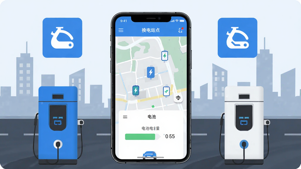 中比出行手机APP主界面展示图,画面中央是一部智能手机,屏幕显示换电站点地图和电池电量信息,周围环绕蓝色和白色的电动车换电柜图标,背景为城市街道简洁剪影,风格扁平化科技感,细节清晰,画质高清,干净整洁,无多余元素