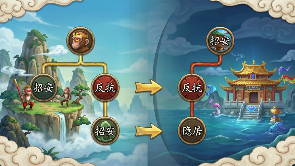 画面展示猴王大圣模拟器的剧情分支界面,左侧是花果山场景,右侧是东海龙宫场景,中间用金色箭头连接,每个分支节点上标注“招安”“反抗”“隐居”等选项。布局为横向展开的树状图,风格为游戏UI界面风格,细节包括节点图标、连接线、背景云纹装饰。画质清晰,文字使用中文楷体,干净整洁无多余元素。