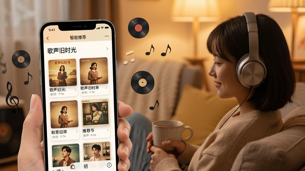 画面中一位用户坐在沙发上戴着耳机,手机屏幕显示“歌声旧时光”的智能推荐页面,页面中有多个歌单封面和推荐歌曲列表,周围漂浮着音符和唱片图标,布局采用人物与手机屏幕特写结合,风格温馨舒适,细节包括手机界面的卡片式设计、歌单封面的怀旧色调和背景的暖光,画质清晰,干净,无多余元素。