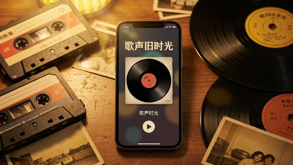 画面中央放置一部智能手机,手机屏幕上显示“歌声旧时光”应用的主界面,界面中有复古唱片封面和播放按钮,手机周围散落着老式磁带、黑胶唱片和泛黄的照片,背景是暖黄色的灯光和木质桌面,整体布局采用中心构图,风格复古怀旧,细节包括唱片纹理、磁带标签和柔和的光晕,画质清晰,干净,无多余元素。