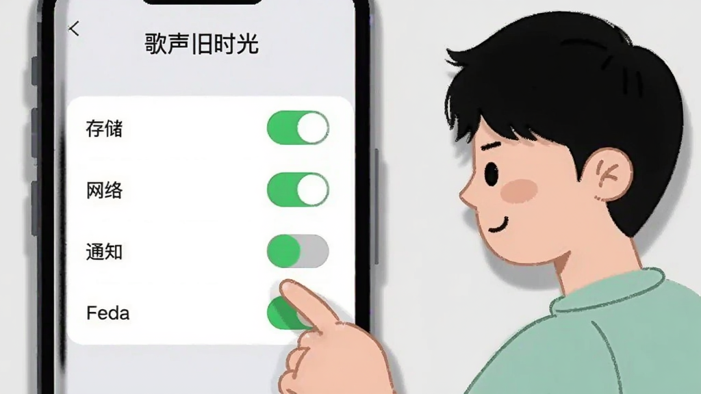 画面展示一部手机屏幕显示“歌声旧时光”的权限设置界面,有存储、网络、通知等权限开关,手机旁边有一位卡通风格的用户正在点击屏幕,背景是简洁的浅灰色,布局采用左右分栏,风格扁平化插画,细节包括权限开关的绿色和灰色状态、用户表情的专注和背景的轻微阴影,画质清晰,干净,无多余元素。