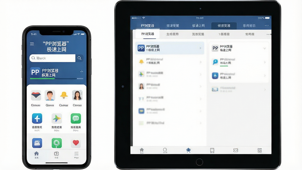 一张展示PP浏览器(For iPhone/iPad)在iPhone和iPad屏幕上运行的场景图,画面主体为两部苹果设备并排摆放,左侧iPhone显示浏览器首页搜索框与常用站点图标,右侧iPad显示多标签页管理界面,布局采用居中对称构图,排版干净整洁,风格为现代科技感扁平插画,细节包含顶部状态栏、底部导航栏、页面加载进度条,画质为高清2K,干净无多余元素,图片中文字使用引号标注“PP浏览器”“极速上网”。