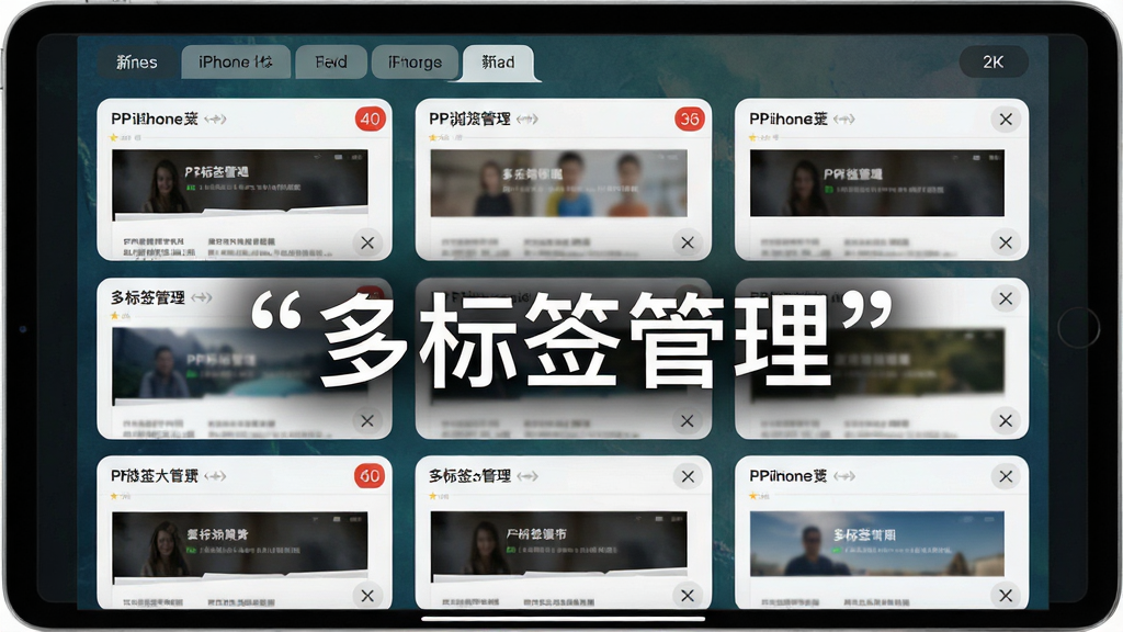 一张展示PP浏览器(For iPhone/iPad)多标签页管理界面的图片,主体为iPad屏幕显示多个网页卡片式标签,布局采用网格排列,排版清晰展示标签缩略图与关闭按钮,风格为简洁UI设计风,细节包含标签数量角标、新建标签按钮、页面标题文字,画质为高清2K,干净无多余元素,图片中文字使用引号标注“多标签管理”。