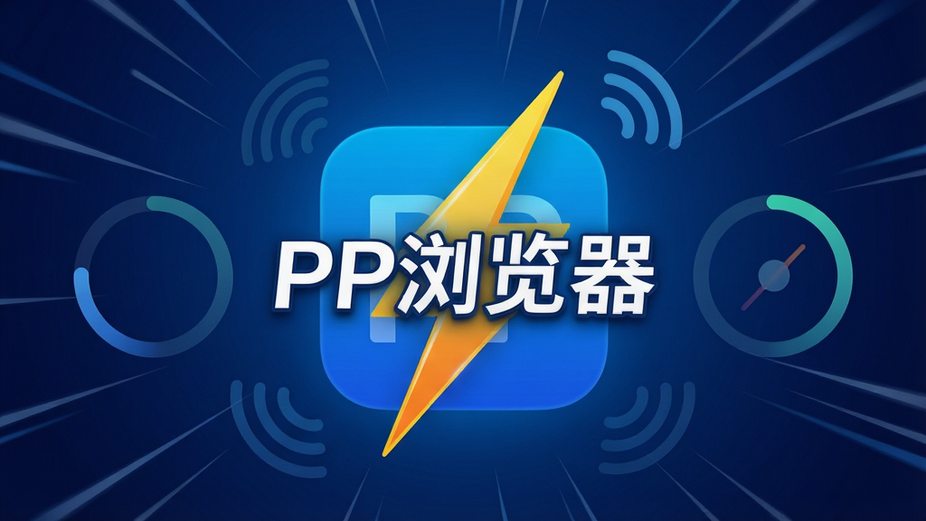 一张表现PP浏览器(For iPhone/iPad)极速加载能力的创意图片,主体为浏览器图标与闪电符号结合,背景为深蓝色渐变,布局采用中心放射状构图,排版将“PP浏览器”字样放在画面中央,风格为动感科技风,细节包含速度线、加载进度环、信号波纹,画质为高清2K,干净无多余元素。