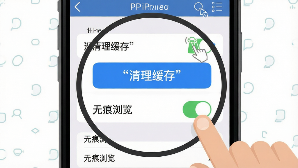 一张展示PP浏览器(For iPhone/iPad)在iPhone上操作设置的截图示意插画,主体为手机屏幕显示设置菜单中的缓存清理与权限开关,布局采用居中放大构图,排版突出“清理缓存”按钮与“无痕浏览”开关,风格为扁平化操作指引风,细节包含手指点击图标、菜单列表、开关状态,画质为高清2K,干净无多余元素,图片中文字使用引号标注“清理缓存”“无痕浏览”。