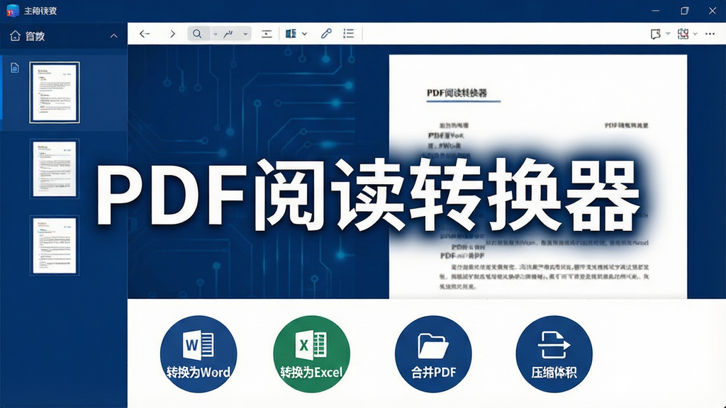 软件主界面全景展示,中央位置放置“PDF阅读转换器”大标题,左侧是文档缩略图导航栏,右侧是清晰的文档阅读区域,底部排列着“转换为Word”“转换为Excel”“合并PDF”“压缩体积”等圆形功能按钮,整体采用深蓝色与白色为主的商务科技风格,界面干净整洁,文字清晰无多余元素,画质细腻,4K分辨率