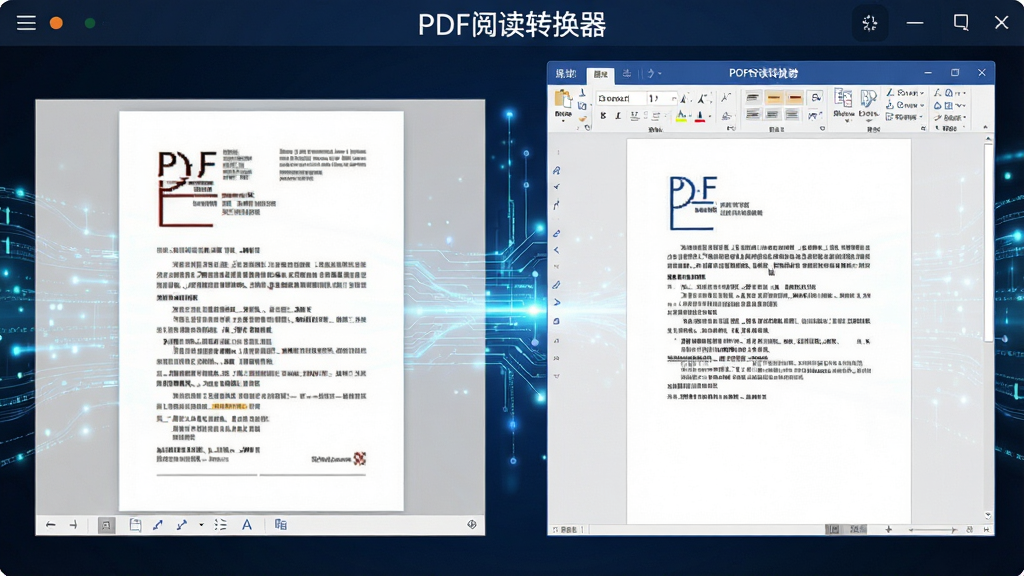 软件工作界面特写,屏幕中央显示“PDF阅读转换器”正在将一份PDF文件转换为Word文档,左侧是原始PDF预览,右侧是转换后的Word文档预览,两者排版高度一致,画面带有科技感的数据流动光效,风格专业严谨,画质干净,无多余装饰