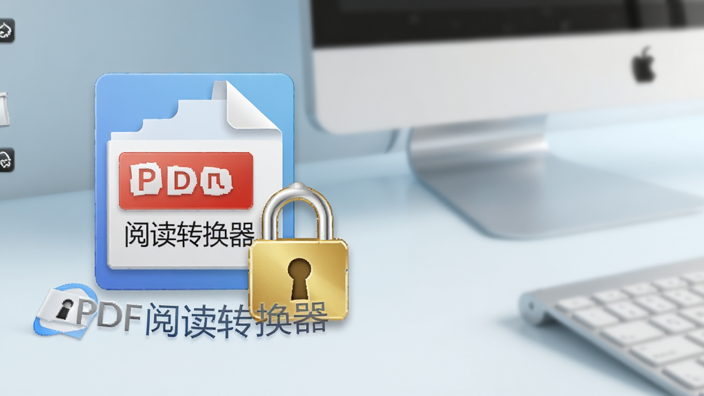 软件安装完成后的桌面图标特写,图标上带有“PDF阅读转换器”字样,图标旁边有一把金色的安全锁标志,背景是干净的电脑桌面,风格简约安全主题,画质锐利,无杂乱元素