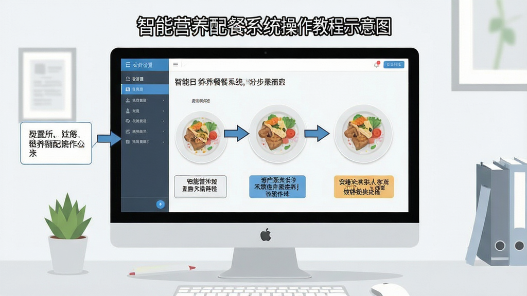 智能营养配餐系统操作教程示意图,画面展示电脑屏幕上软件设置界面的分步操作指引,包含箭头标注与文字说明框,背景为简洁的办公桌面,扁平化教程风格,细节清晰,画质干净,无多余元素