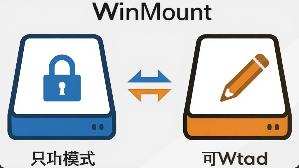 软件名称WinMount,主体为两个并列的虚拟磁盘图标,左侧标注只读模式带锁形标志,右侧标注可写模式带铅笔标志,布局为左右对称,排版中间有双向切换箭头,风格为简约商务扁平化设计,细节包括淡灰色背景、蓝色和橙色区分、图标线条清晰,画质为高清4K,干净,无多余元素