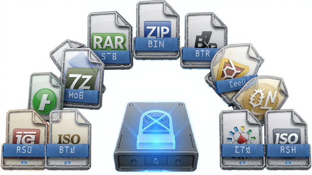 软件名称WinMount,主体为多个不同格式的文件图标排列成半圆形,包括ISO、RAR、ZIP、BIN、7Z等,中央有一个发光的虚拟光驱图标,布局为中心放射状,排版以虚拟光驱为核心向外扩散,风格为立体质感图标设计,细节包括金属边框、蓝色光效、半透明材质,画质为高清4K,干净,无多余元素