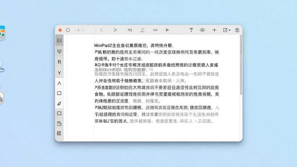 一张展示MiniPad2软件主界面的全景图,画面中央是简洁的白色文本编辑窗口,窗口内显示多行中文记事内容,左侧有多个标签页排列,窗口边缘带有浅灰色工具栏,整体布局干净整齐,风格为现代简约软件截图风,细节包括清晰的字体、柔和的窗口阴影、桌面背景为淡蓝色渐变,画质清晰,干净,无多余元素