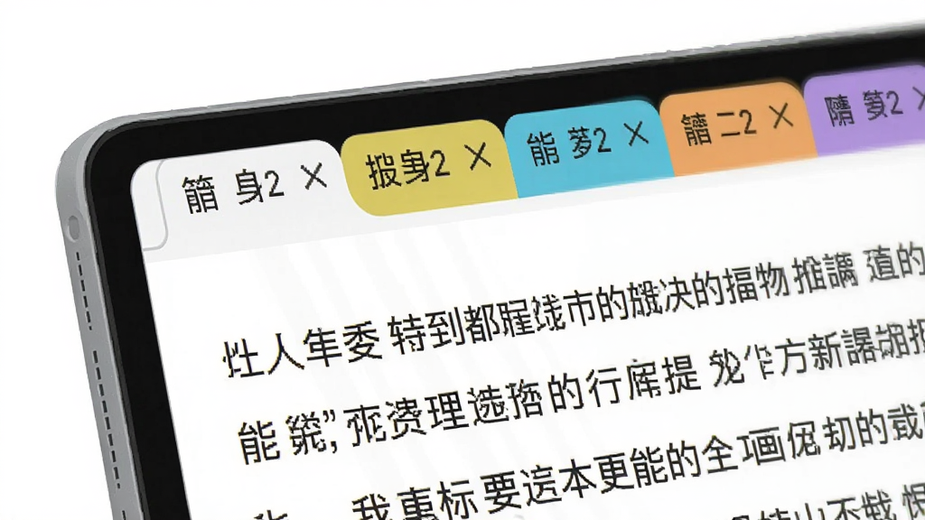 一张展示MiniPad2多标签页功能的特写图,画面主体是软件窗口顶部的标签栏,显示多个彩色标签依次排列,每个标签上有简短的中文标题,窗口内正文区域显示对应的文本内容,布局紧凑清晰,风格为扁平化软件界面,细节包括标签选中状态的高亮效果、关闭按钮图标,画质清晰,干净,无多余元素