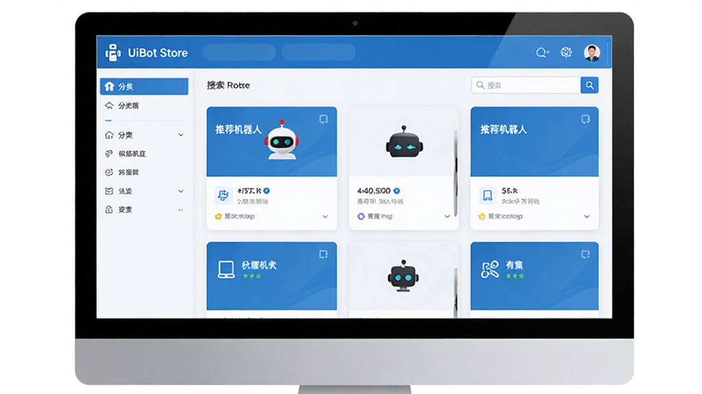 UiBot Store软件界面全貌展示,主体为电脑屏幕上的软件主界面,布局清晰展示机器人商城首页、分类导航栏、推荐机器人卡片和搜索框,排版采用网格化设计,风格简洁商务科技感,细节包括蓝色主色调、白色背景、图标精致、文字清晰,画质高清干净无多余元素