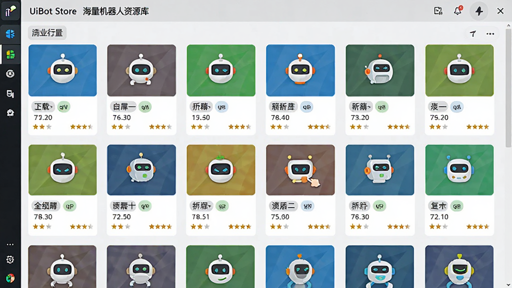 UiBot Store海量机器人资源库界面,主体为软件中的机器人列表展示页面,布局采用卡片式网格排列,排版整齐有序展示各类机器人图标和名称,风格现代科技感,细节包括不同行业分类标签、下载量统计、评分星级,画质高清干净无多余元素
