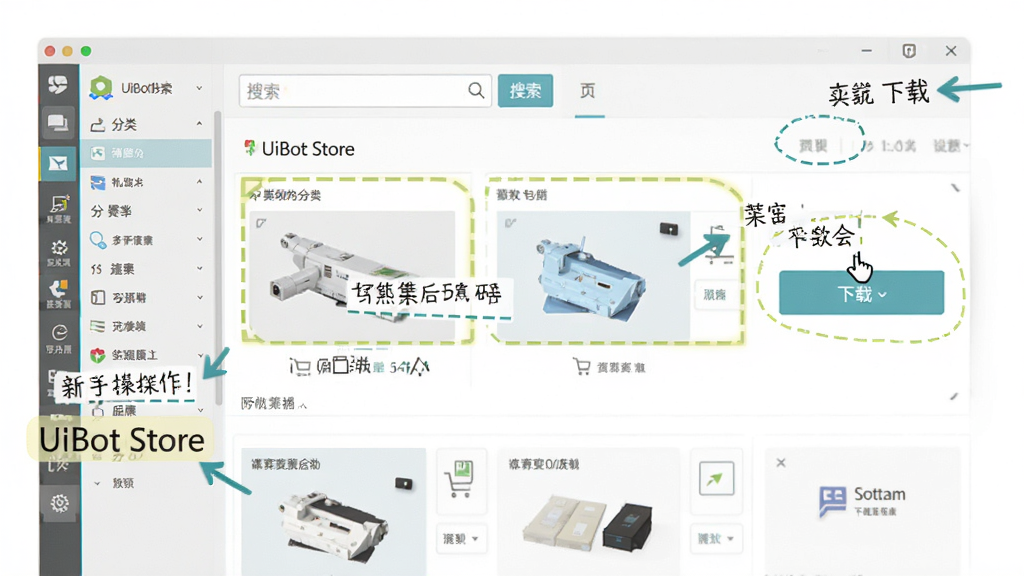 UiBot Store新手操作界面引导图,主体为软件主界面配合操作提示标注,布局展示搜索框、分类导航、下载按钮等关键位置,排版采用箭头和文字标注引导,风格简洁明快,细节包括高亮框、步骤编号、提示文字,画质高清干净无多余元素