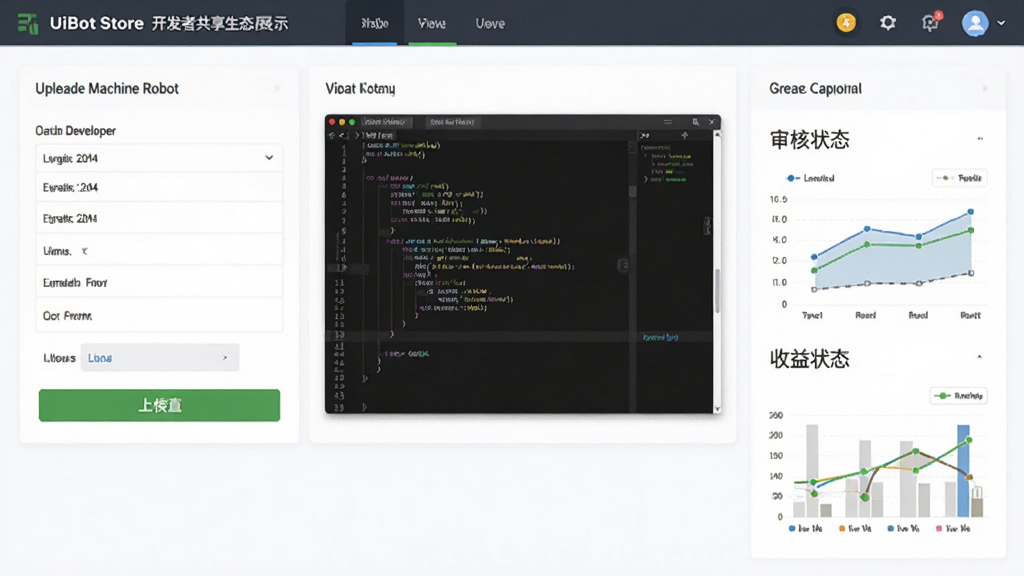 UiBot Store开发者共享生态展示,主体为开发者上传机器人的操作界面,布局展示上传表单、审核状态和收益统计面板,排版清晰直观,风格专业商务,细节包括代码编辑器窗口、上传按钮、数据图表,画质高清干净无多余元素