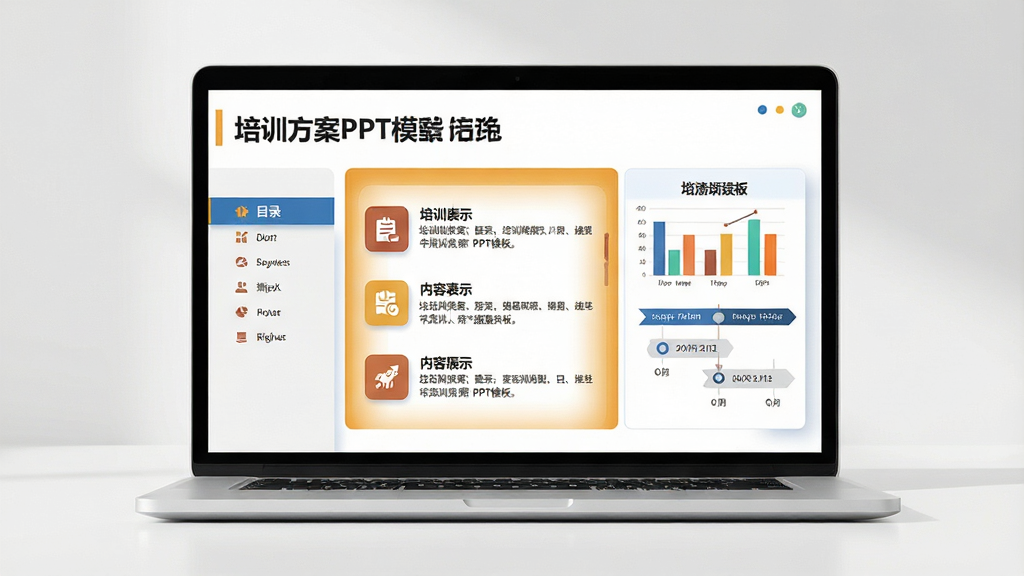 一张展示培训方案PPT模板核心全貌的图片,主体是一台打开的笔记本电脑,屏幕上显示着色彩鲜明、排版工整的培训方案幻灯片页面,布局采用三分法构图,左侧为目录导航栏,中间是内容展示区,右侧是图表与时间轴,排版整洁有序,风格为现代商务简约风,细节包括屏幕上的标题“培训方案PPT模板”、图标元素和柔和阴影,画质为4K高清,画面干净,无多余元素