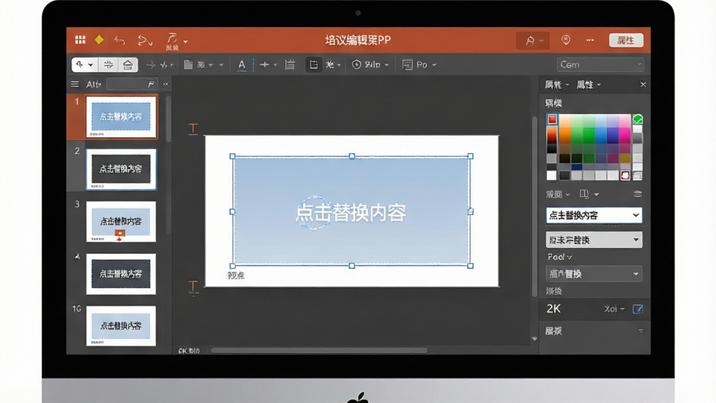 一张展示培训方案PPT模板自定义编辑功能的图片,主体是电脑屏幕上的PPT编辑界面,布局为左侧幻灯片缩略图列表、中间主编辑区、右侧属性面板,排版符合专业软件布局,风格为现代扁平化,细节包括选中的文本框、颜色选择器、字体下拉菜单以及文字“点击替换内容”,画质为2K高清,画面干净,无多余元素