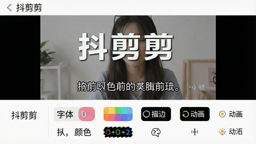 一张展示“抖剪剪”字幕编辑功能的图片,手机屏幕上方是视频预览画面,画面中正在显示自动生成的字幕文字,下方是字幕样式选择栏,包含字体、颜色、描边、动画等选项,屏幕顶部显示“抖剪剪”软件名称,背景为白色简洁风格,细节丰富,画质干净