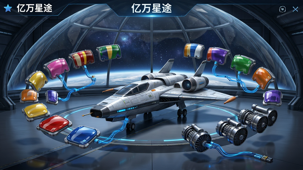 一张展示“亿万星途”个性化改装界面的图片,画面中有一艘停放在机库中的飞船,周围悬浮着各种颜色的涂装模块和引擎部件。机库背景是巨大的透明穹顶,可以看到外面的星空。布局为环绕式展示,飞船位于画面中心。风格为科技感UI展示图,细节上要求涂装模块带有光泽反射,部件接口处有蓝色数据线连接。画质为高清渲染图,画面干净,无杂乱背景元素。