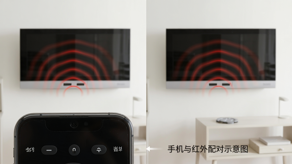 免费万能遥控器大全 手机与空调红外配对示意图 手机顶部红外口对准空调 布局为左右对比 排版简洁 风格写实 细节显示红外波纹 画质清晰 干净 无多余元素