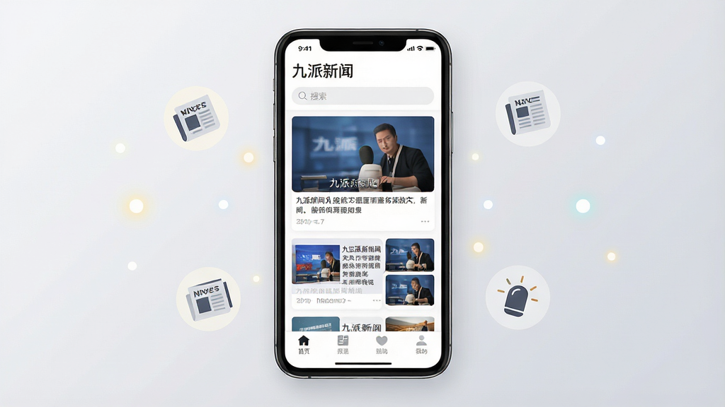 一张手机屏幕展示九派新闻应用主界面的场景图,画面中央是一部竖屏智能手机,屏幕内显示九派新闻客户端的首页排版,顶部有