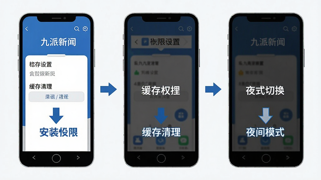 一张信息图风格的手机操作指引画面,画面中并排展示三部手机,分别演示九派新闻的安装权限设置、缓存清理和夜间模式切换三个操作步骤,每个步骤配有简洁的箭头和文字标注。整体采用扁平化设计,色调以蓝白灰为主,排版整齐清晰,画质干净锐利,无多余装饰元素。