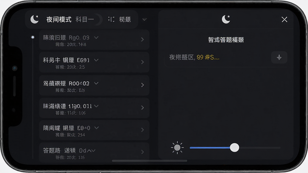 科目一驾考通夜间模式界面展示,手机屏幕呈现深色背景配白色文字,画面布局左侧为题目列表右侧为答题区,风格为暗色系UI设计,细节包含月亮图标和亮度调节滑块,画质清晰,干净整洁,无多余元素