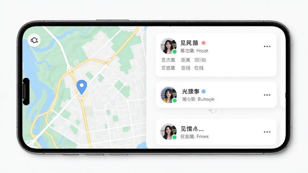 觅悠附近动态界面,主体为手机屏幕展示地图与用户头像列表,布局左侧地图定位右侧动态卡片,排版上下滑动结构,风格年轻化社交风,细节包含距离标识与在线状态圆点,画质清晰,干净,无多余元素