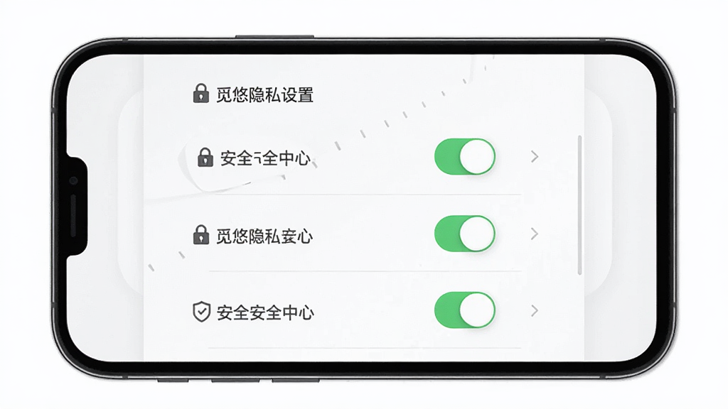 觅悠隐私设置页面,主体为手机屏幕展示安全中心选项,布局垂直排列开关按钮,排版整齐,风格简约商务,细节包含锁形图标与绿色盾牌标识,画质高清,干净,无多余元素