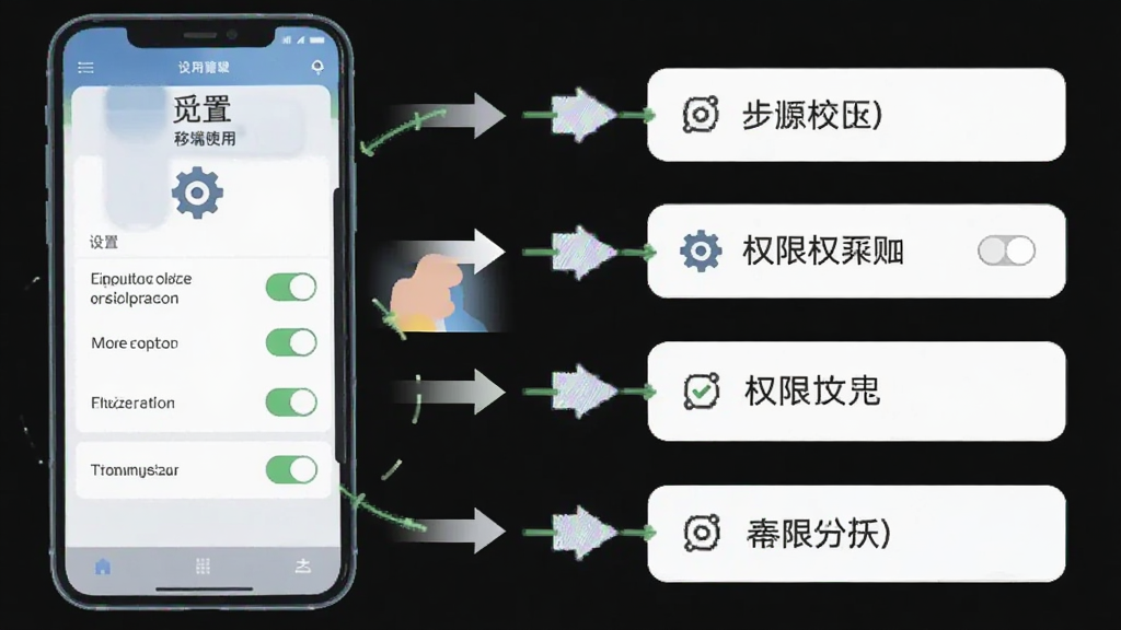 觅悠移动端使用教程示意图,主体为手机屏幕展示设置菜单与权限开关,布局左侧为手机右侧为操作箭头指引,排版步骤化,风格扁平化教学风,细节包含齿轮图标与勾选标记,画质清晰,干净,无多余元素