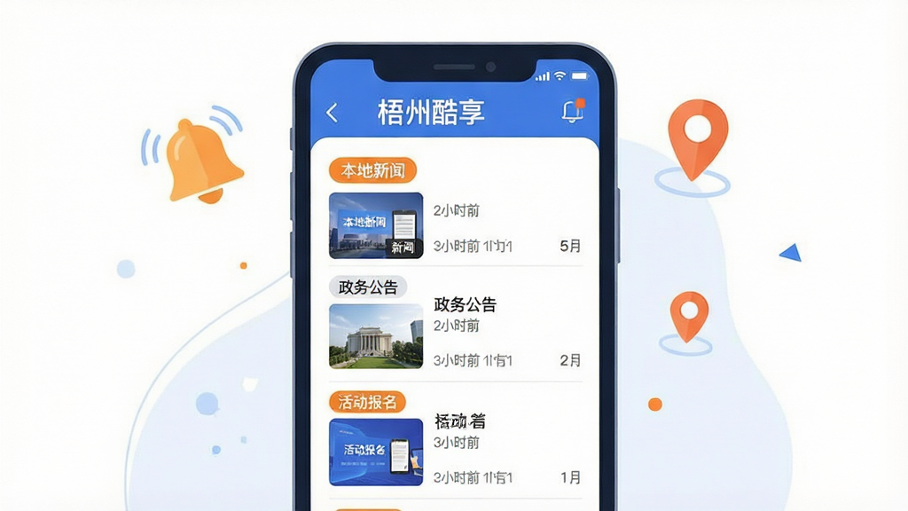 一幅展示手机应用资讯推送功能的界面截图风格插画,画面主体为一部手机,屏幕中显示“梧州酷享”的资讯列表,列表项包含“本地新闻”“政务公告”“活动报名”等标签,每条资讯配有缩略图和发布时间。手机旁漂浮着铃铛图标和定位图标,强调实时推送与本地属性。布局简洁,风格为现代扁平化设计,色彩以白色、蓝色和橙色点缀,细节清晰,画质干净,无多余元素。