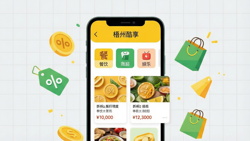 一幅展示手机应用内商家优惠聚合页面的插画,画面中央是手机屏幕,屏幕上显示“梧州酷享”的优惠券领取界面,包含餐饮、商超、娱乐等分类标签,下方列出商家卡片与折扣信息。手机周围散落着金币、折扣标签和购物袋图标,背景为浅灰色网格。风格为清新扁平化设计,色彩明快,以黄色和绿色为主调,细节精致,画质清晰,无多余元素。