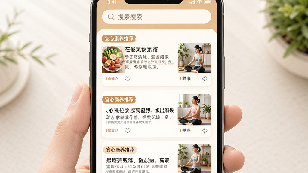 主体为手机屏幕展示养生资讯列表,布局为顶部搜索栏,下方是图文并茂的文章卡片,每张卡片包含标题和缩略图。排版为垂直列表,风格为温暖阅读风。细节上,文章标题包含“宜心康养”推荐字样,缩略图为食材或运动场景。画质高清,画面干净,无杂乱元素。